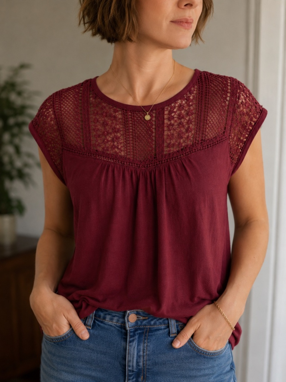Short Sleeve Blouse in Maroon with crochet detail